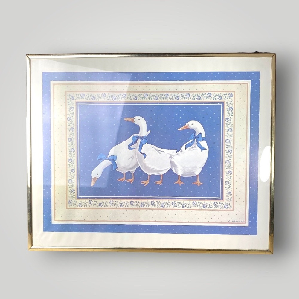 1980s Country Ribbon Geese Framed Wall Art Grammacore Cottage Décor 16x20